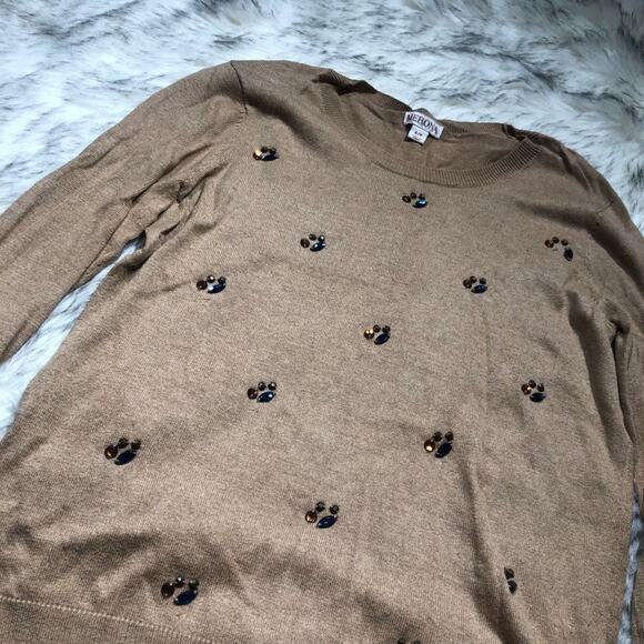 Merona Target Tan Brown Long Sleeve Knit Crew Neck Sweater Rhinestone Accent - Picture 5 of 6